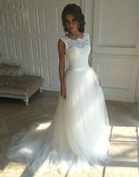 Lace O-Neck Lace Tulle Boho Summer Beach cheap Wedding Dress