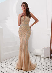 Tulle V-neck Gold Mermaid Evening Dress With Rhinestones