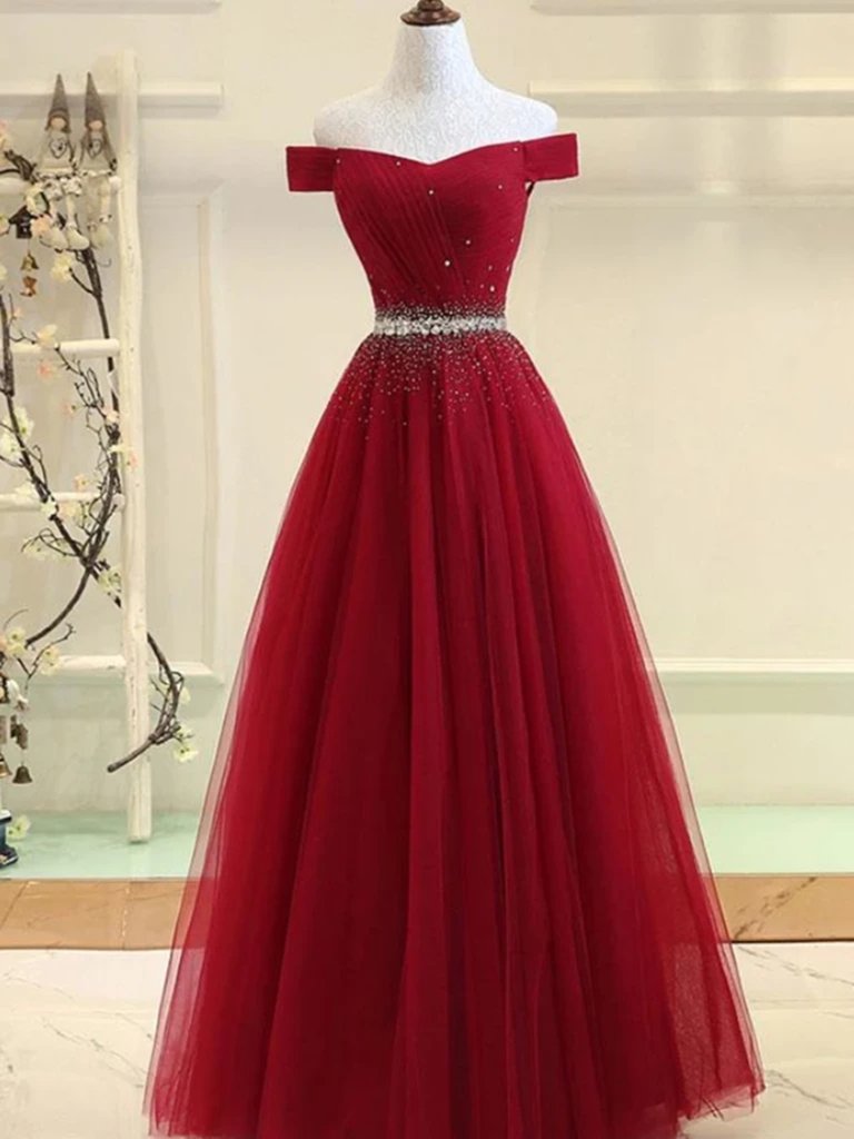 Sequins Burgundy Long Off The Shoulder Prom Dress