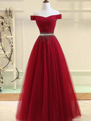 Sequins Burgundy Long Off The Shoulder Prom Dress