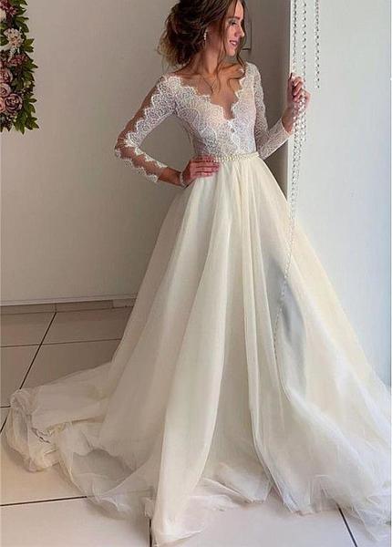 Bateau Long Sleeves A-line Tulle Lace Appliques & Belt  Wedding Dress