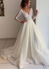 Bateau Long Sleeves A-line Tulle Lace Appliques & Belt  Wedding Dress