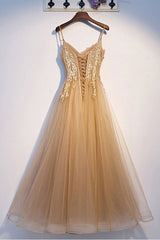 Champagne tulle lace long prom dress champagne formal dress - RongMoon