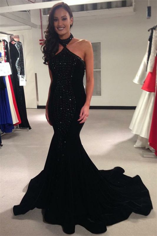 Black Sequin Backless Trumpet Mermaid Prom Dress