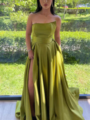Strapless Green Satin Long Prom Dress with High Slit