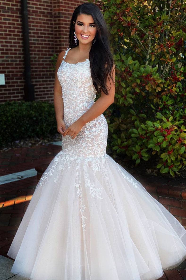 Champagne tulle lace mermaid long prom dress lace formal dress - RongMoon