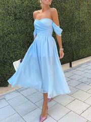 Sky Blue Off The Shoulder A Line Pleats Prom Dress
