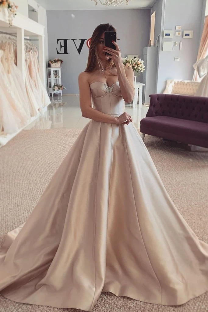 Satin Beading Sweep Train Champagne Sweetheart Prom Dress