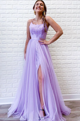 Appliques Beading Lilac Tulle Floor Length A Line Prom Dress