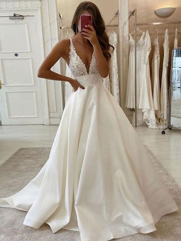 Satin V Neck Appliques Button Wedding Dress