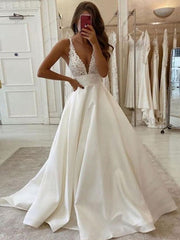 Satin V Neck Appliques Button Wedding Dress