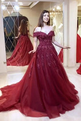 Dark Wine Off The Shoulder Appliques Long Formal Prom Dress
