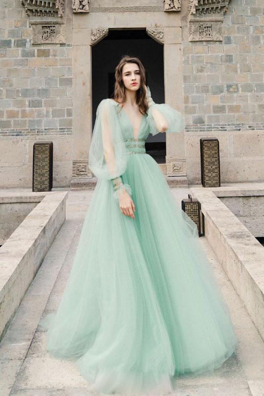 Long Sleeves V Neck Mint Tulle Beading Prom Dress
