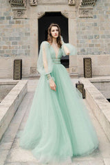 Long Sleeves V Neck Mint Tulle Beading Prom Dress