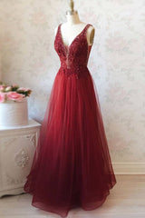 Burgundy v neck tulle sequin lace long prom dress - RongMoon