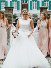 A-Line White Tulle Backless Sleeveless Bride Wedding Dress With Bow