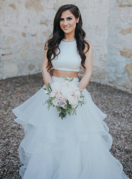 Two Piece White Tulle Ruffle Skirt Wedding Dress