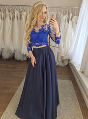 Two Piece Round Neck 3/4 Sleeves Dark Blue Prom Dress with Appliques