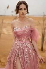 Off The Shoulder Blush Pink Tulle Appliques Ruched Prom Formal Dress