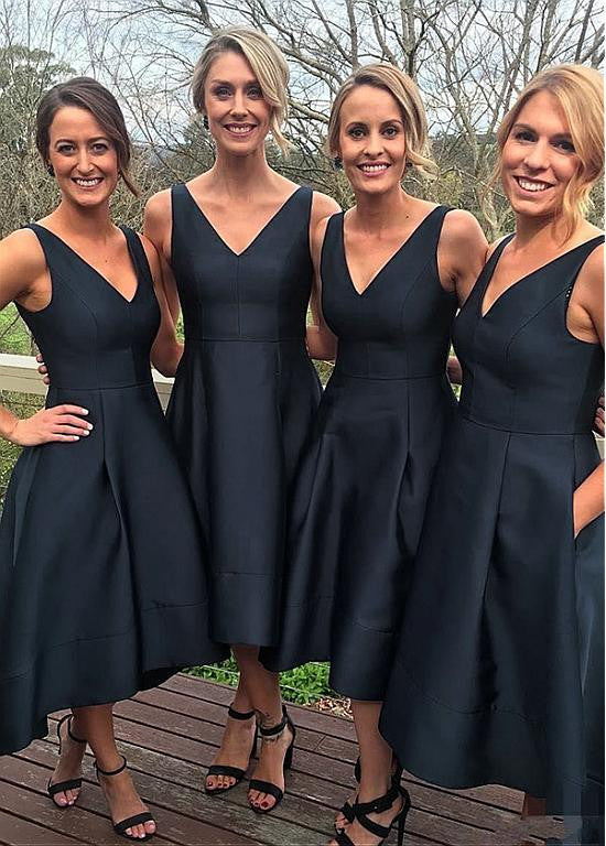 Fashion Satin V-neck Neckline Hi-lo A-line Bridesmaid Dresses With Pockets