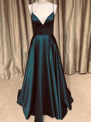 Satin Backless Dark Green A Line V Neck  Long Prom Dress