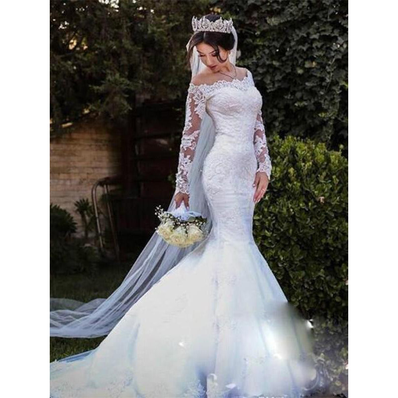 Trumpet/Mermaid Tulle Lace Off-the-Shoulder Long Sleeves Wedding Dress