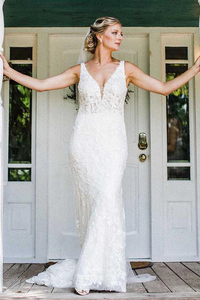 V Neck Open Back Lace Mermaid Backless Wedding Dress