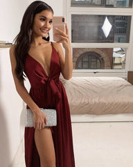 A-Line Burgundy Satin Spaghetti Straps Prom Dress With Side Split