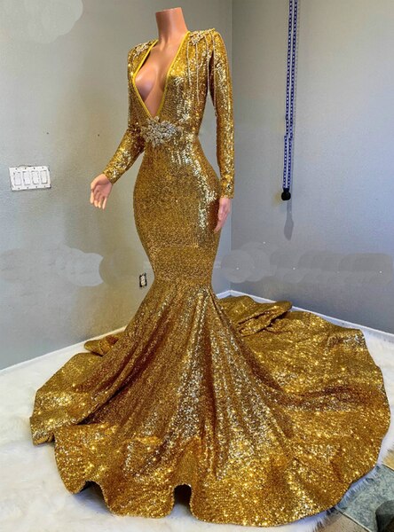 Sequined Mermaid Gold Long Sleeves Sparkle Prom Dress with Long Train