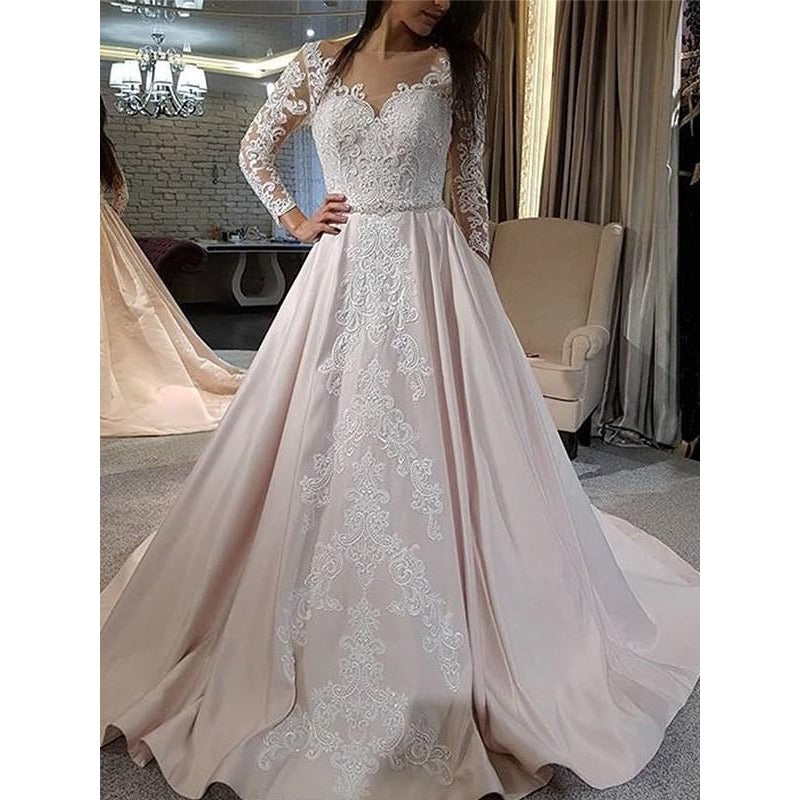 A-Line Satin Applique V-neck Long Sleeves Wedding Dress