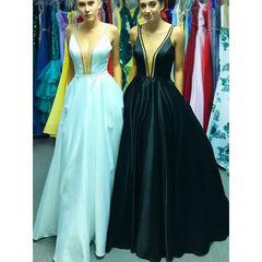 Princess Blue V-neck Floor-Length Ruffles Satin Prom Dress