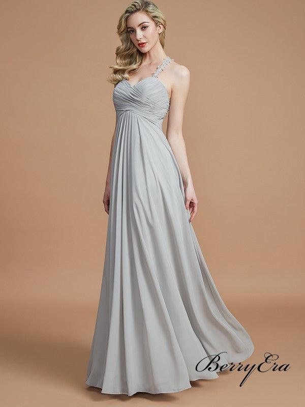 Lace Straps A-line Grey Chiffon Long Bridesmaid Dresses - RongMoon