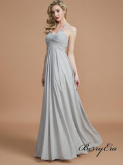 Lace Straps A-line Grey Chiffon Long Bridesmaid Dresses - RongMoon