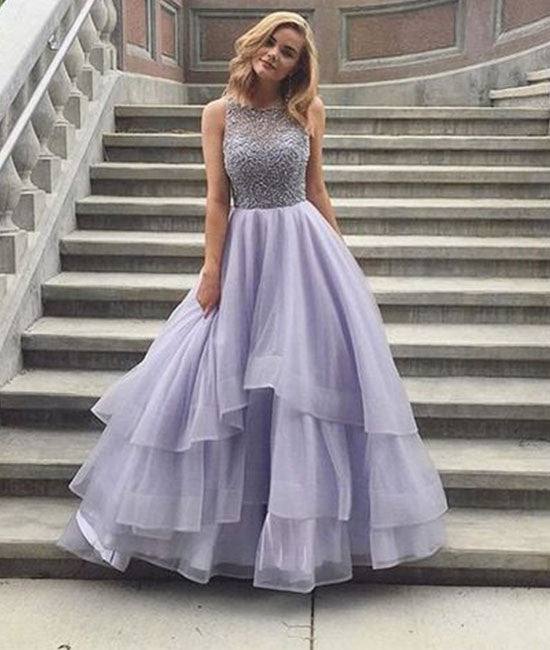 Cute round neck sequin long prom dress, tulle formal dress - RongMoon