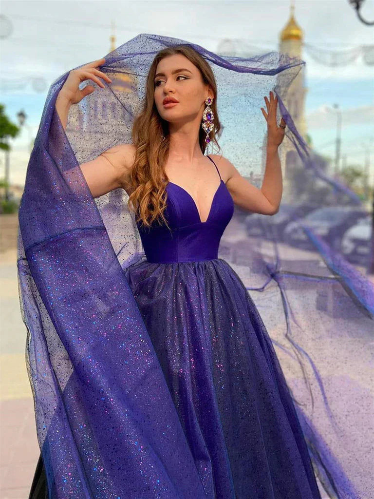 Sexy Deep V Neck Long Tulle Sequin Prom Formal Dress