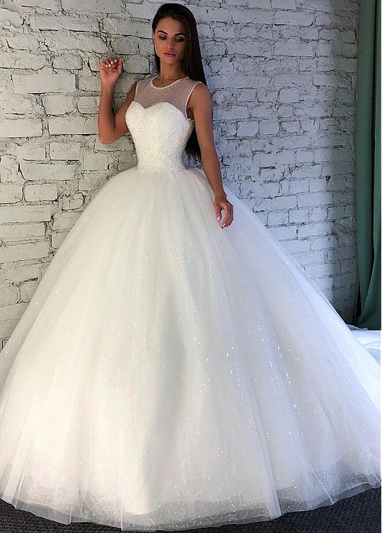 Elegant Sequin Tulle Jewel Beading Ball Gown Wedding Dress