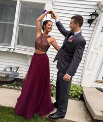 Burgundy two pieces sequin long prom dress, evening dress - RongMoon