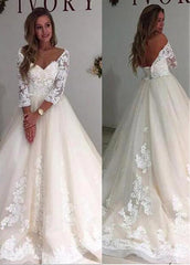 Tulle V-neck Lace Appliques Long Sleeves A-line Wedding Dress