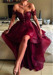 Burgundy Organza Off-the-shoulder Hi-lo Prom Dresses
