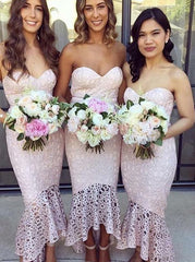 High-Low Pink Mermaid Sweetheart Lace Bridesmaid Dress