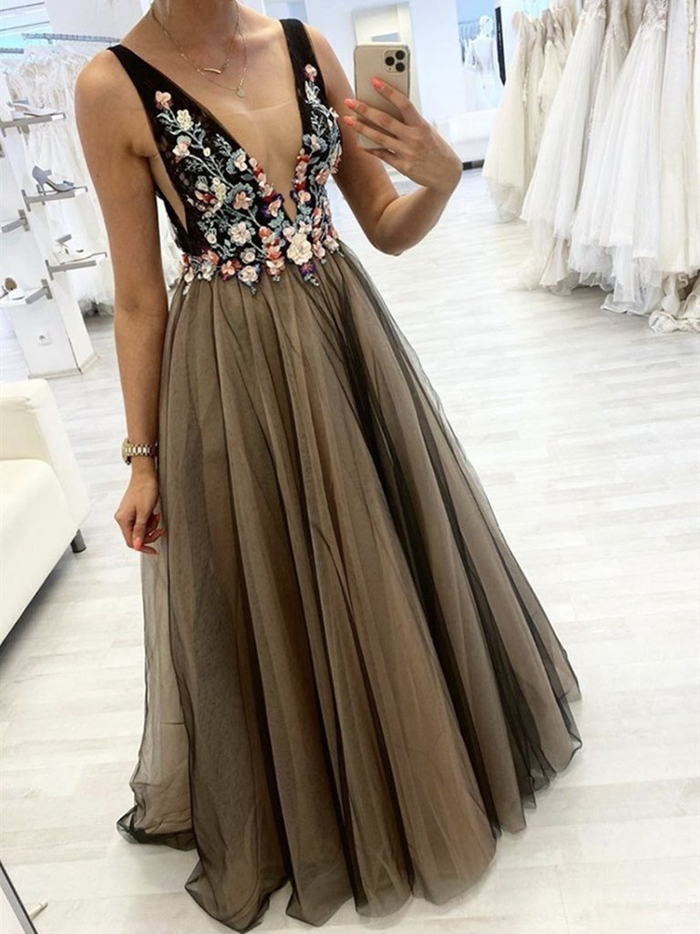 Tulle A Line 3D Flower V Neck Brown Coffee Appliques Prom Dress