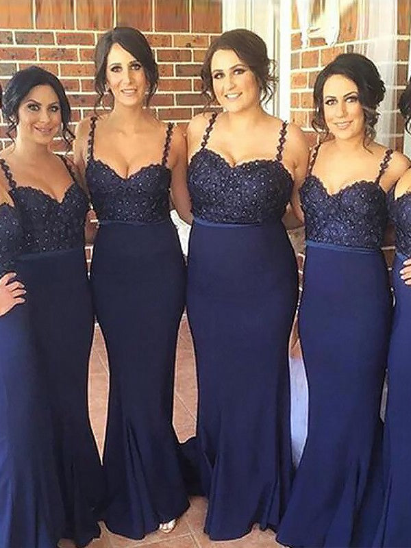 Navy Mermaid Spaghetti Straps Satin Bridesmaid Dress