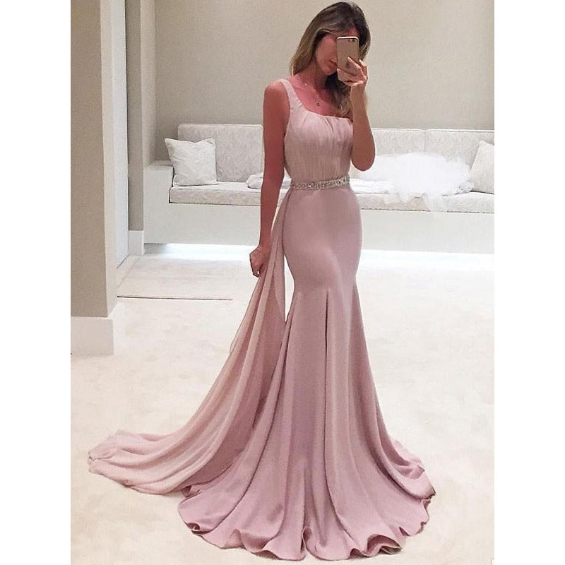 Trumpet/Mermaid Champagne One-Shoulder Ruffles Chiffon Prom Dress