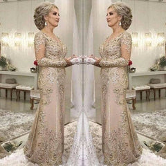 Plus Size Mother Of The Bride Dresses Mermaid V-neck Long Sleeves Tulle Appliques - RongMoon
