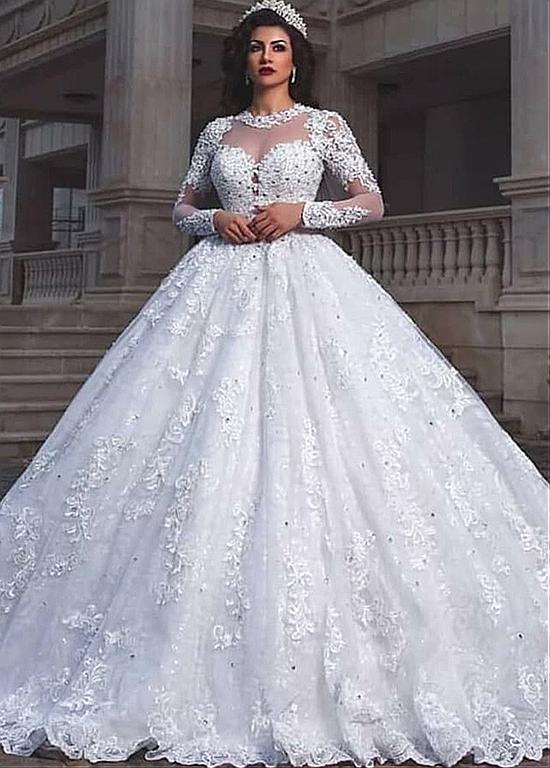 Tulle Jewel Beading Long Sleeve Ball Gown Wedding Dress