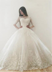 Tulle Bateau Long Sleeves Lace Appliques Ball Gown Wedding Dress