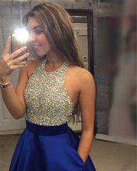 Beaded Halter Long Satin Open Back Prom Dresses 2022