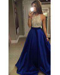 Beaded Halter Long Satin Open Back Prom Dresses 2022