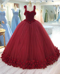 Maroon Tulle Ball Gown Flower Wedding Dresses With Crystal Beaded Bodice