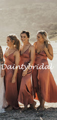 Sexy V-neck Spaghetti Strap Simple Side Slit Long Bridesmaid Dresses.DB10761